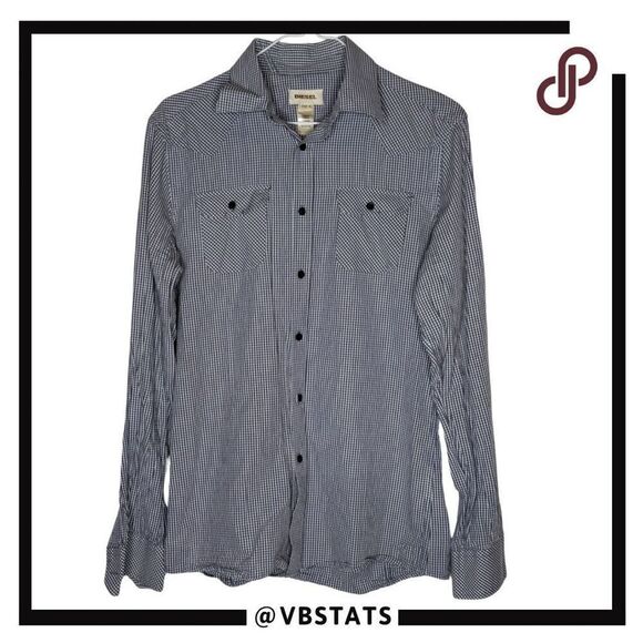 Diesel Men's Micro Gingham Cotton Western Button-up Shirt Blue White Medium - Picture 1 of 7